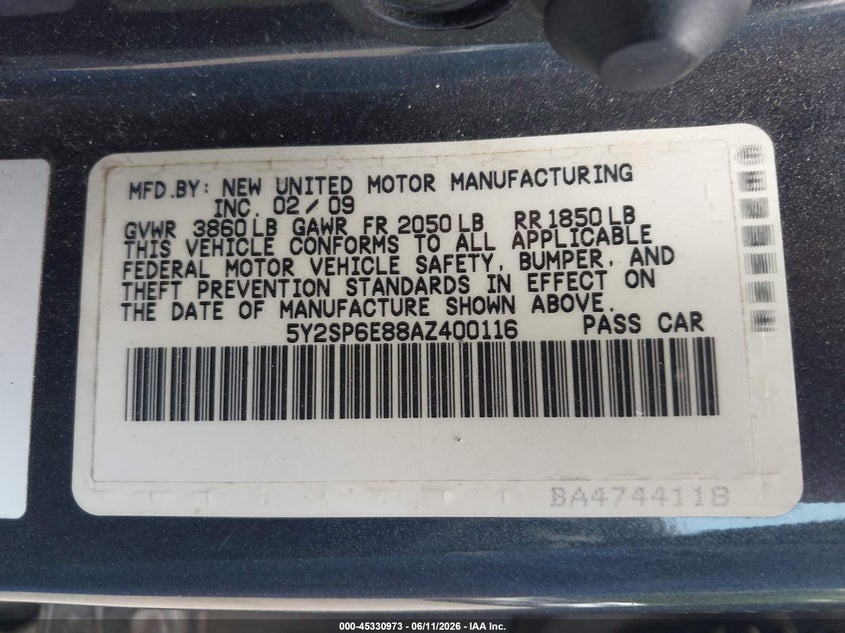 2010 Pontiac Vibe VIN: 5Y2SP6E88AZ400116 Lot: 45330973