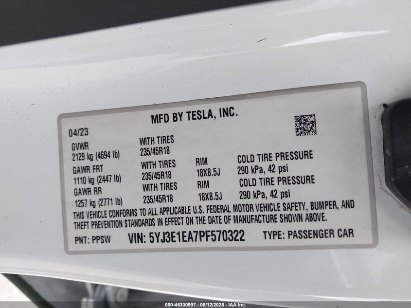 TESLA MODEL 3 2023 VIN 5YJ3E1EA7PF570322