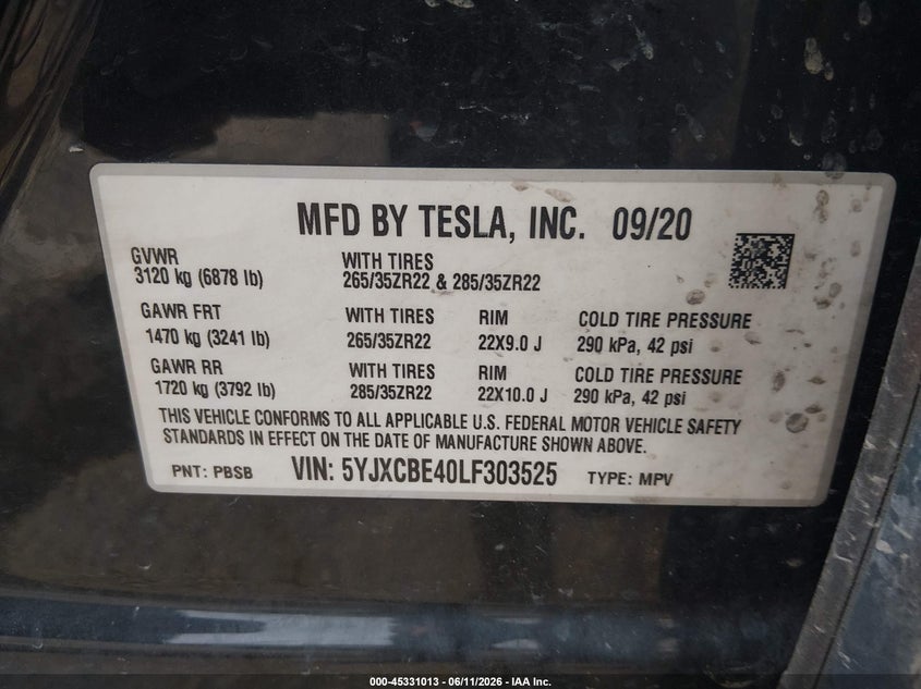 2020 Tesla Model X Performance Dual Motor All-Wheel Drive VIN: 5YJXCBE40LF303525 Lot: 45331013