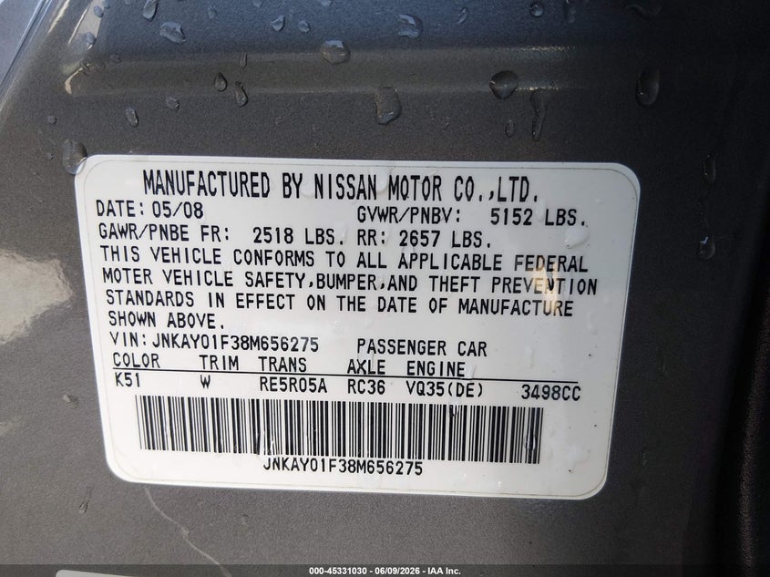 2008 Infiniti M35X VIN: JNKAY01F38M656275 Lot: 45331030