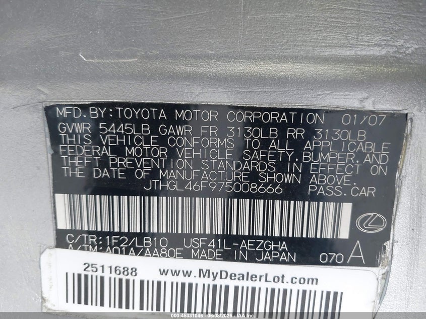 2007 Lexus Ls 460 L VIN: JTHGL46F975008666 Lot: 45331046