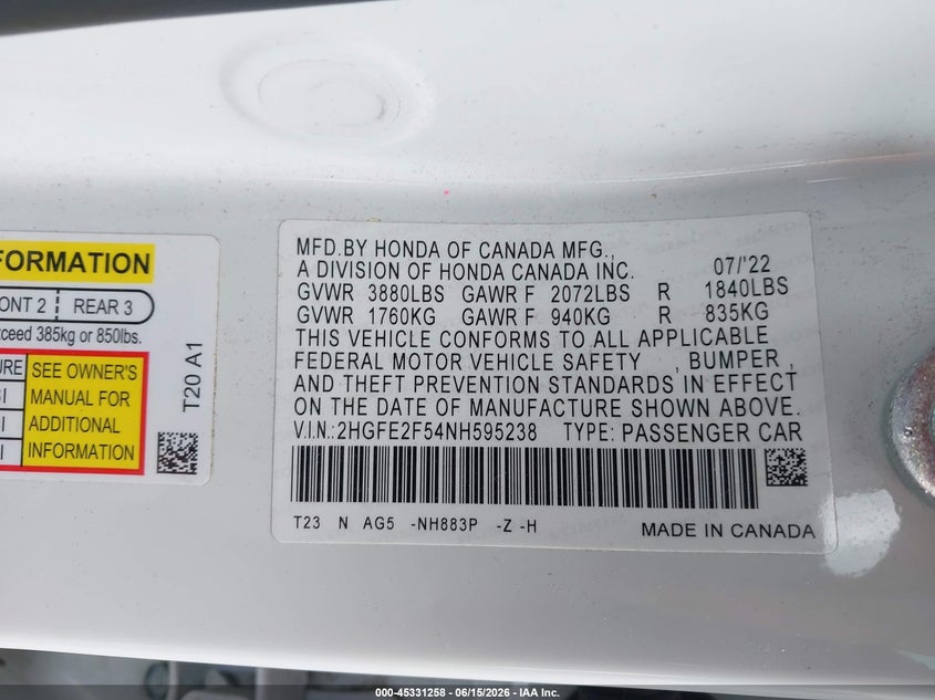 VIN 2HGFE2F54NH595238 2022 HONDA CIVIC SPORT