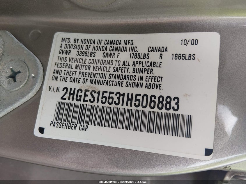 2001 HONDA CIVIC SEDAN 1.7L I-4 115HP
