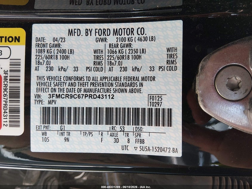 2023 Ford Bronco Sport Outer Banks VIN: 3FMCR9C67PRD43112 Lot: 45331289
