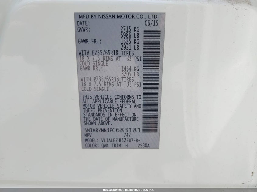 2015 Nissan Pathfinder Platinum/S/Sl/Sv VIN: 5N1AR2MN3FC683181 Lot: 45331290