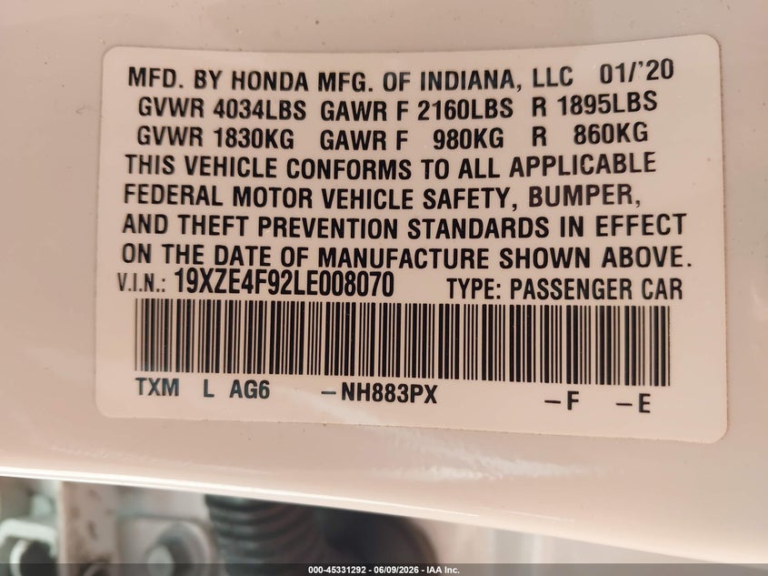 2020 Honda Insight Touring VIN: 19XZE4F92LE008070 Lot: 45331292