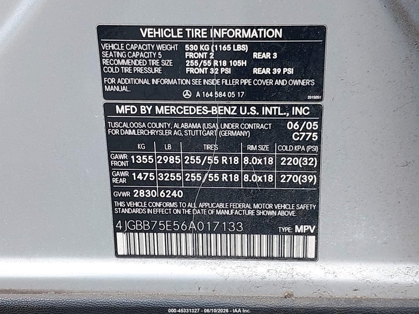 2006 Mercedes-Benz Ml 500 4Matic VIN: 4JGBB75E56A017133 Lot: 45331327