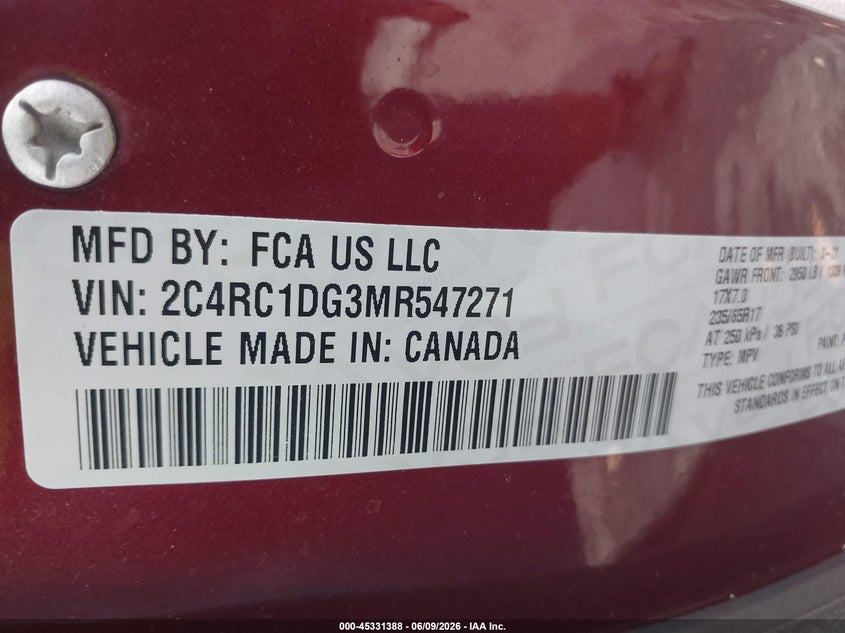 2021 Chrysler Voyager Lxi VIN: 2C4RC1DG3MR547271 Lot: 45331388