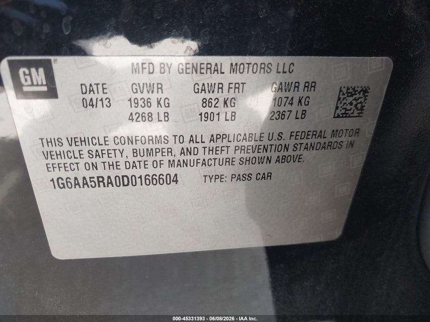 2013 Cadillac Ats Standard VIN: 1G6AA5RA0D0166604 Lot: 45331393
