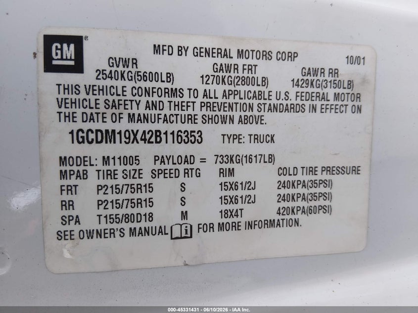 2002 Chevrolet Astro VIN: 1GCDM19X42B116353 Lot: 45331431
