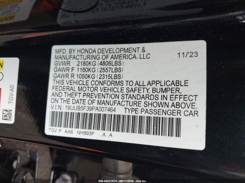 2023 Acura Tlx Standard VIN: 19UUB5F39PA007464 Lot: 45331574