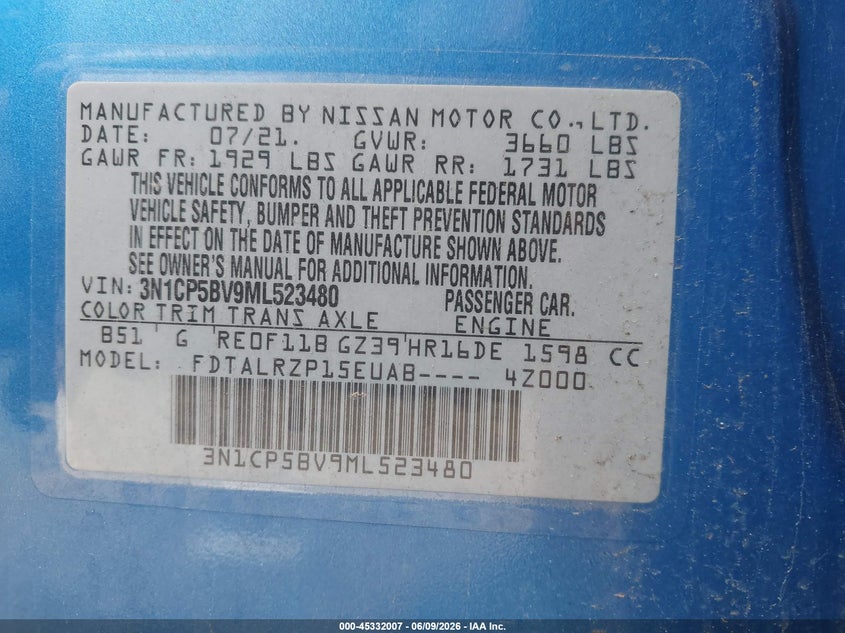 VIN 3N1CP5BV9ML523480 2021 NISSAN KICKS S XTRONIC CVT