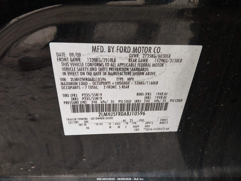 2010 Lincoln Mkt VIN: 2LMHJ5FR0ABJ10596 Lot: 45332025