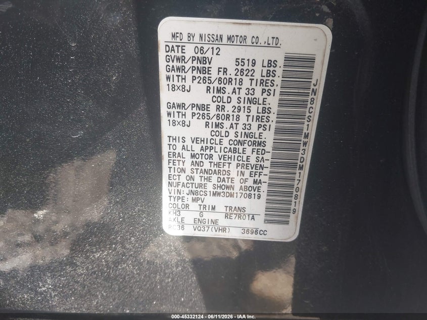 2013 Infiniti Fx37 VIN: JN8CS1MW3DM170819 Lot: 45332124