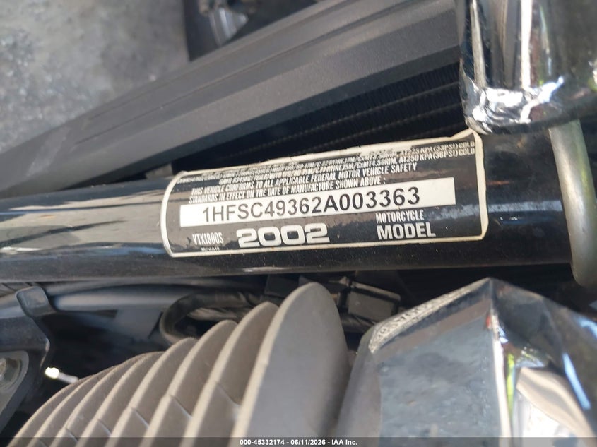 2002 Honda Vtx1800 S VIN: 1HFSC49362A003363 Lot: 45332174