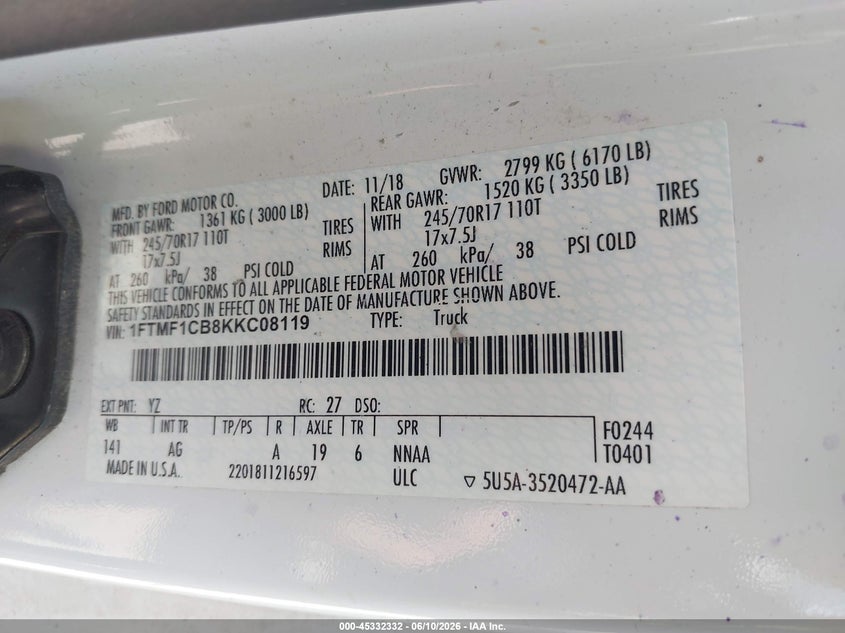 2019 FORD F-150 TRUCK 3.3L V-6 DI, DOHC, VVT, 290HP