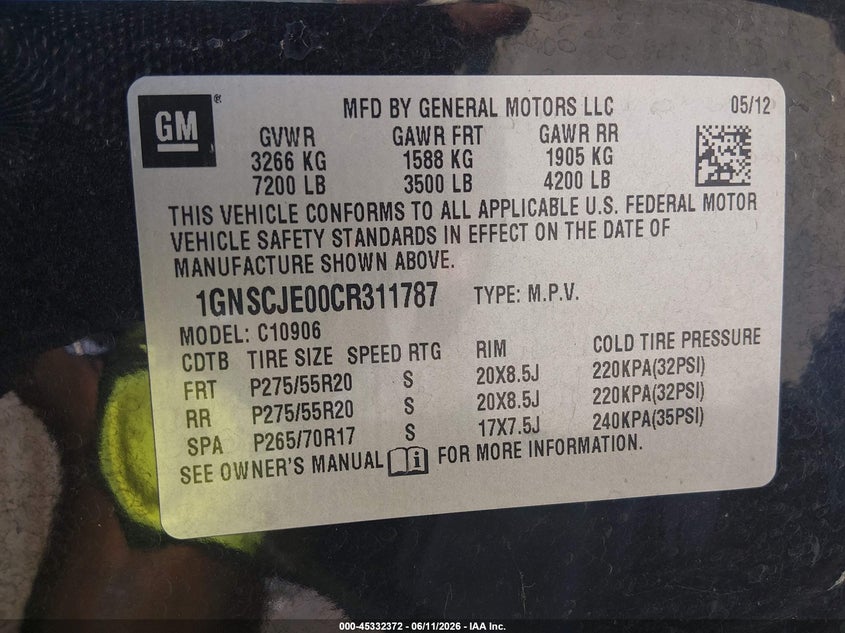 2012 CHEVROLET EXPRESS SPORT UTILITY VEHICLE 5.3L V-8 VVT, 320HP