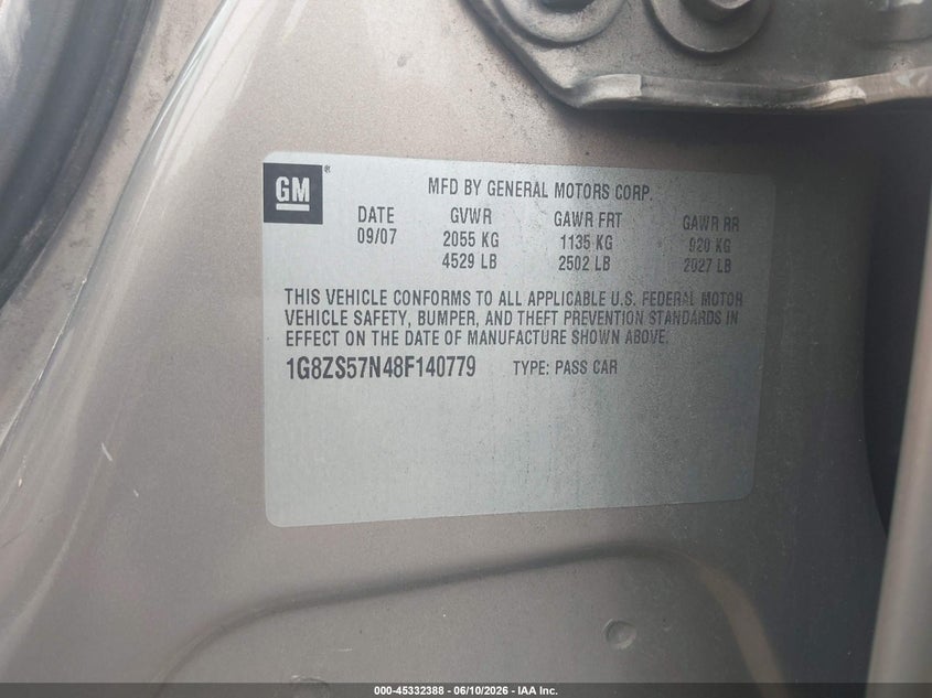 2008 Saturn Aura Xe VIN: 1G8ZS57N48F140779 Lot: 45332388