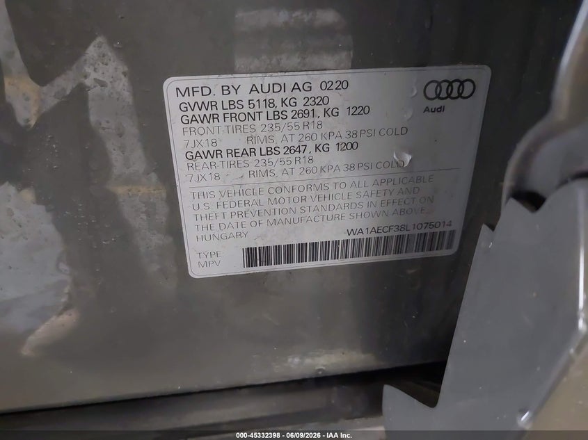 2020 Audi Q3 Premium 45 Tfsi Quattro Tiptronic VIN: WA1AECF38L1075014 Lot: 45332398