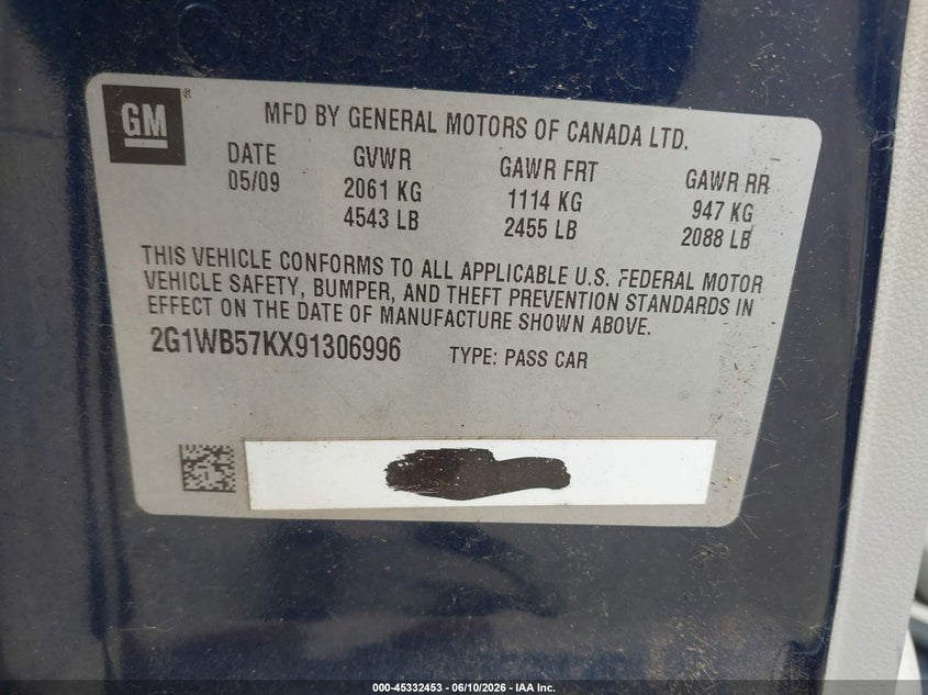 2009 Chevrolet Impala Ls VIN: 2G1WB57KX91306996 Lot: 45332453