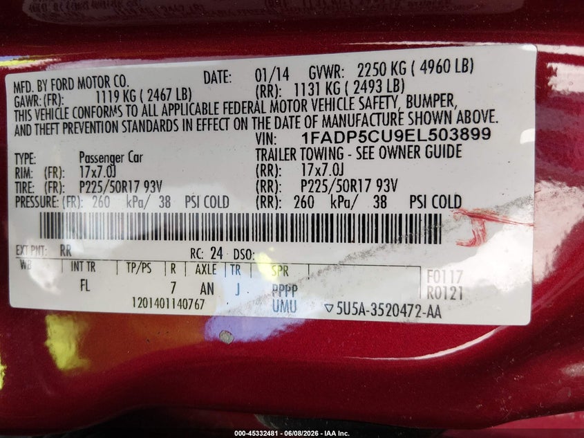 2014 Ford C-Max Energi Sel VIN: 1FADP5CU9EL503899 Lot: 45332481