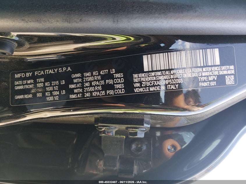 2017 Fiat 500X Pop Fwd VIN: ZFBCFXAB3HP532093 Lot: 45332487