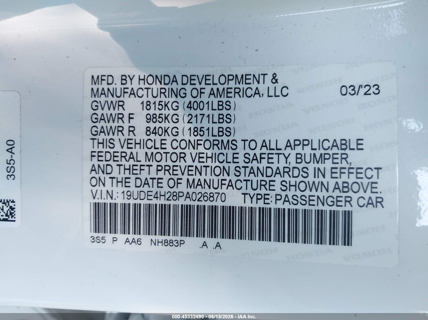 2023 Acura Integra VIN: 19UDE4H28PA026870 Lot: 45332490