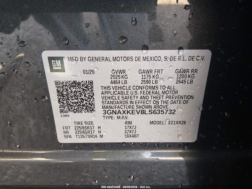 2020 Chevrolet Equinox Fwd Lt 1.5L Turbo VIN: 3GNAXKEV8LS635732 Lot: 45332496