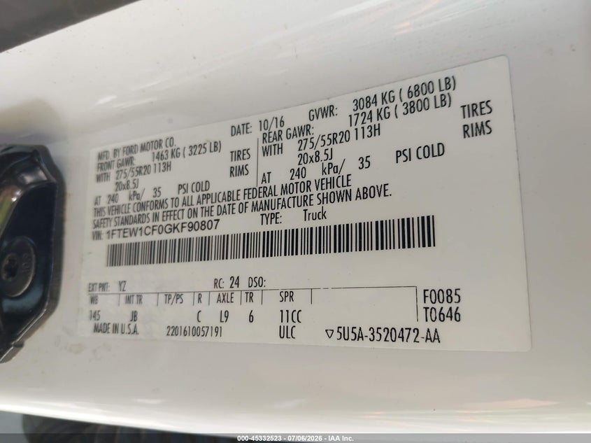 2016 FORD F-150 PICKUP 5.0L V-8 DOHC, VVT, 385HP