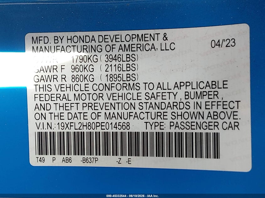 VIN 19XFL2H80PE014568 2023 HONDA CIVIC SPORT