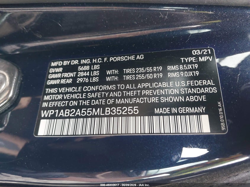 2021 Porsche Macan S VIN: WP1AB2A55MLB35255 Lot: 45332617