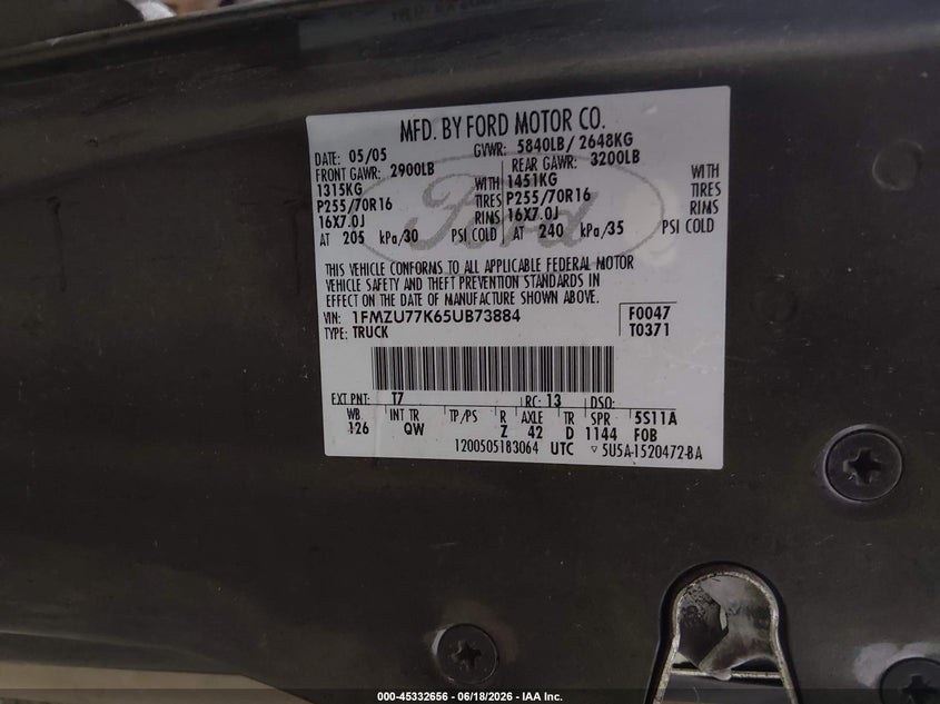2005 Ford Explorer Sport Trac Adrenalin/Xls/Xlt VIN: 1FMZU77K65UB73884 Lot: 45332656