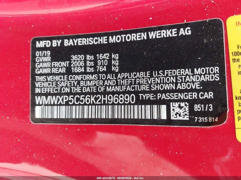 2019 Mini Hardtop Cooper VIN: WMWXP5C56K2H96890 Lot: 45332675