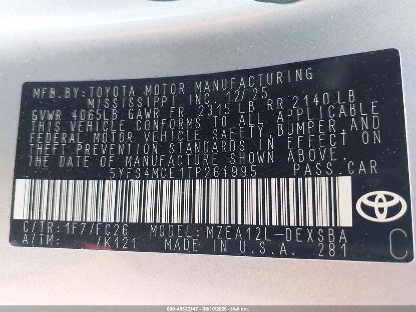 2026 TOYOTA COROLLA SEDAN 2.0L I-4 DI, DOHC, VVT, 169HP