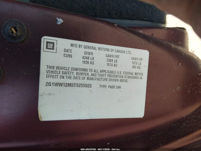 1996 Chevrolet Monte Carlo Ls VIN: 2G1WW12M3T9255923 Lot: 45332769