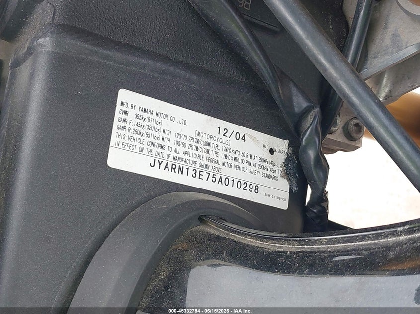 2005 Yamaha Yzfr1 VIN: JYARN13E75A010298 Lot: 45332784