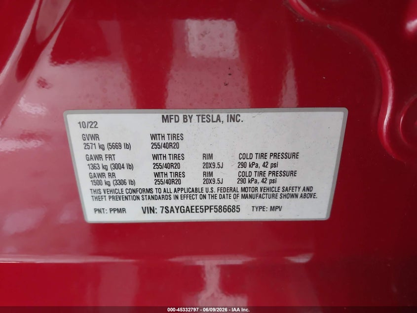 2023 Tesla Model Y Awd/Long Range Dual Motor All-Wheel Drive VIN: 7SAYGAEE5PF586685 Lot: 45332797