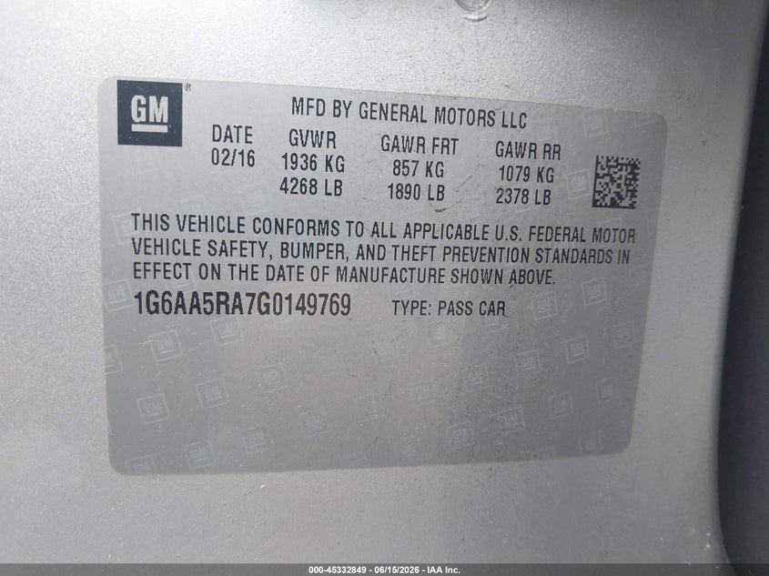 2016 Cadillac Ats Standard VIN: 1G6AA5RA7G0149769 Lot: 45332849