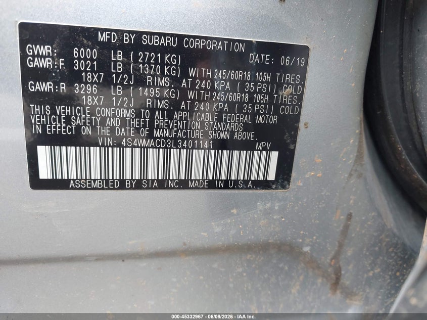 2020 Subaru Ascent Premium VIN: 4S4WMACD3L3401141 Lot: 45332967