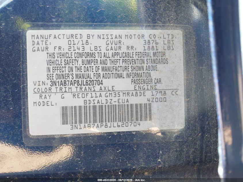 2018 Nissan Sentra Sv VIN: 3N1AB7AP8JL620704 Lot: 45333009