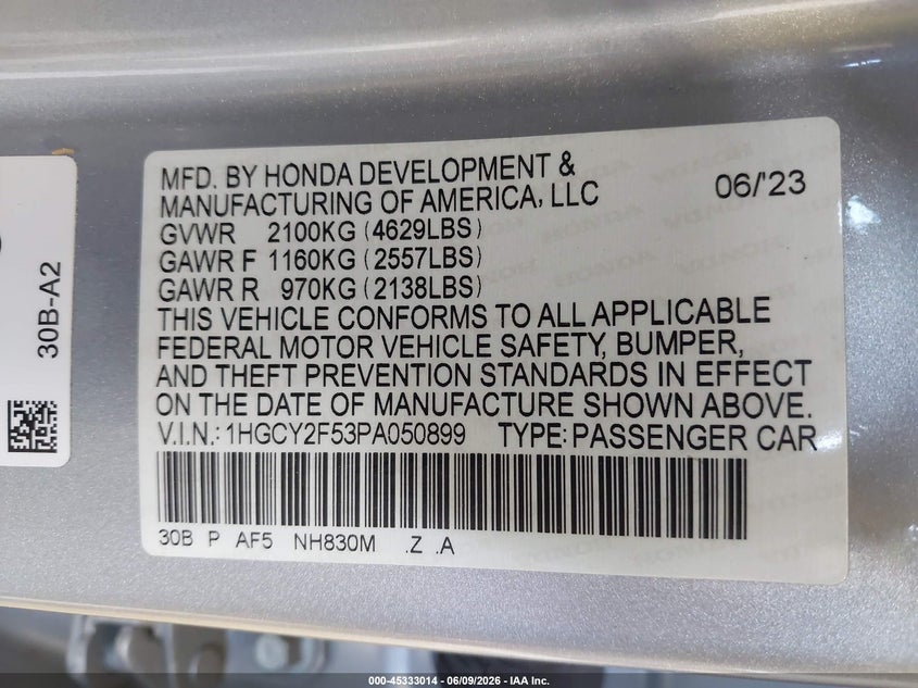 2023 Honda Accord Hybrid Sport VIN: 1HGCY2F53PA050899 Lot: 45333014