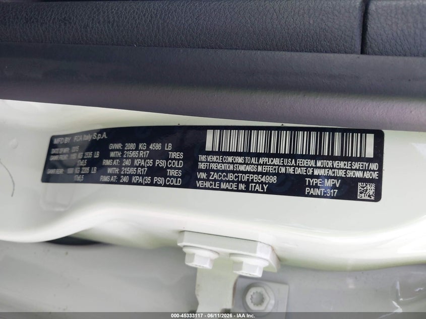 JEEP RENEGADE 2015 VIN ZACCJBCT0FPB54998
