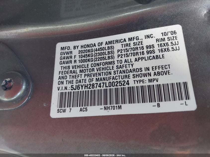 2007 HONDA ELEMENT SPORT UTILITY VEHICLE 2.4L I-4 DOHC, VVT, 166HP