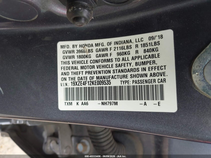 2019 Honda Insight Lx VIN: 19XZE4F12KE009535 Lot: 45333406