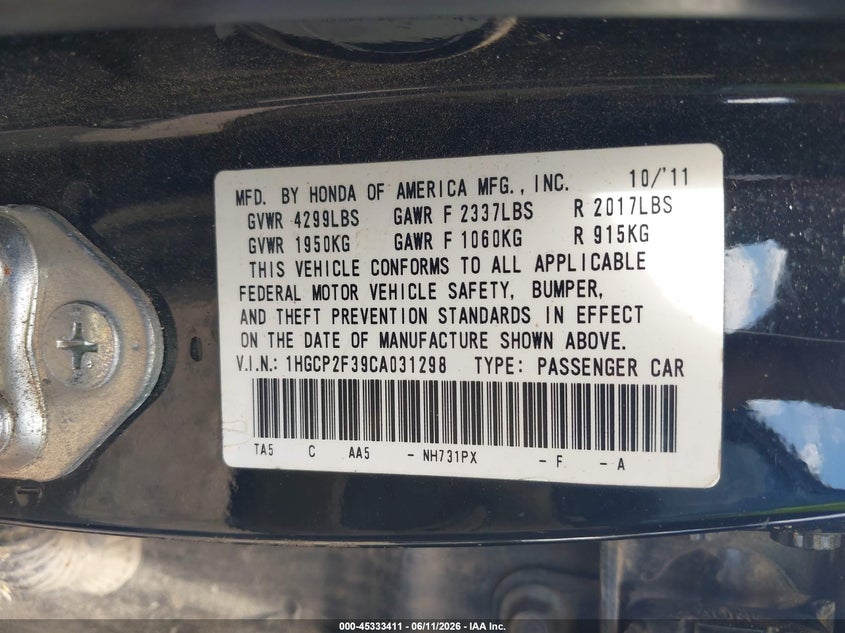 2012 HONDA ACCORD SEDAN 2.4L I-4 DOHC, VVT, 177HP