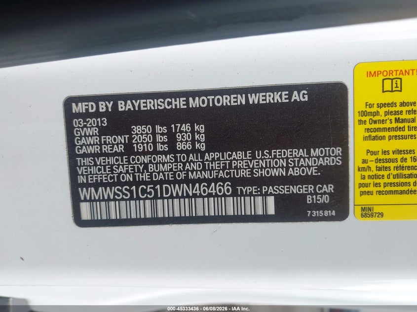 2013 Mini Paceman Cooper VIN: WMWSS1C51DWN46466 Lot: 45333436
