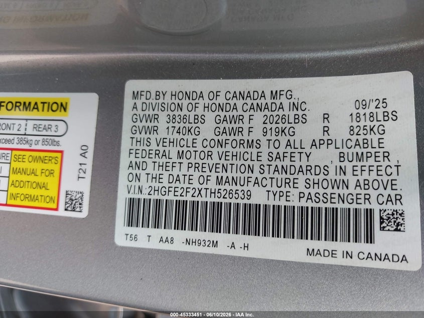 VIN 2HGFE2F2XTH526539 2026 HONDA CIVIC LX