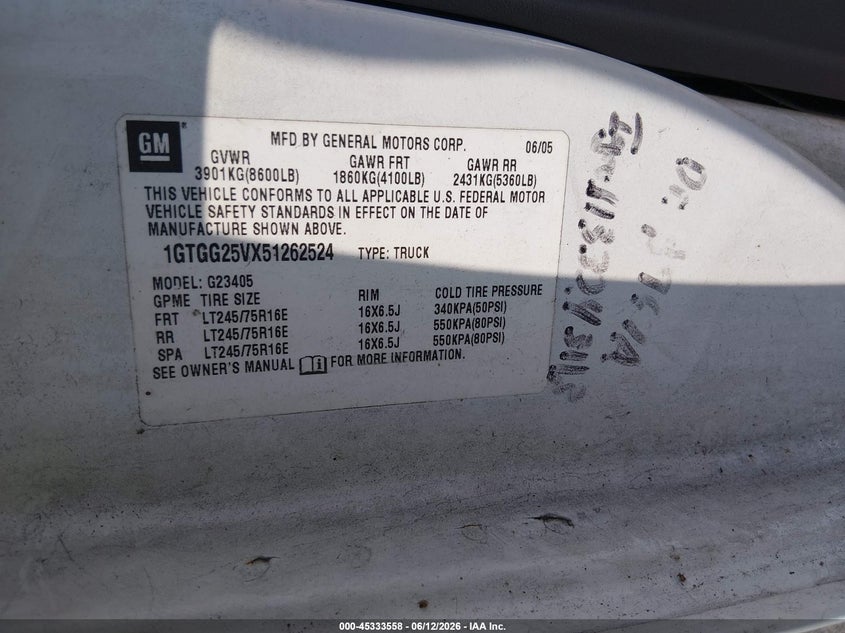 2005 GMC Savana Standard VIN: 1GTGG25VX51262524 Lot: 45333558