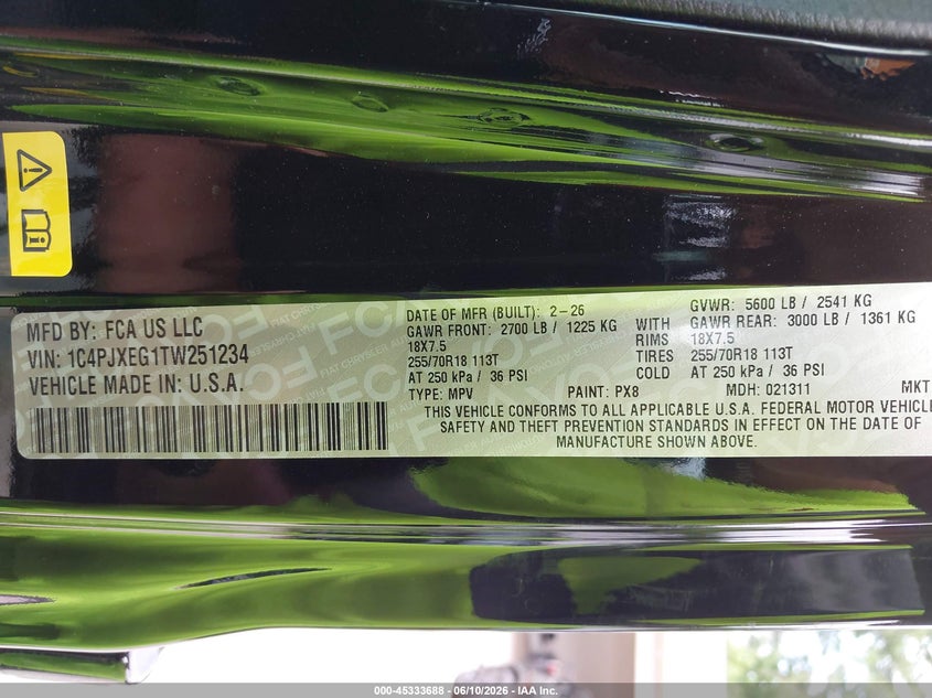 JEEP WRANGLER 2026 VIN 1C4PJXEG1TW251234