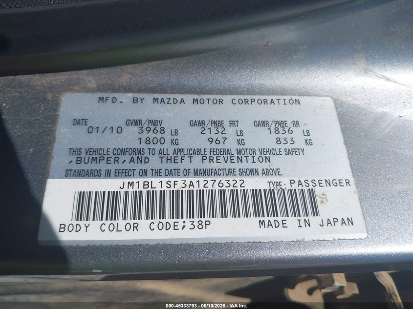 MAZDA MAZDA3 2010 VIN JM1BL1SF3A1276322